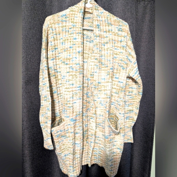 Dex Sweaters - Dex Cozy Multicolor Blue/green/pink/cream Knit Oversized Pocket Cardigan Small